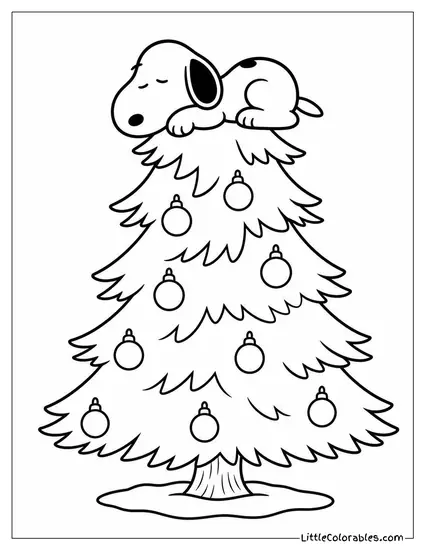 Snoopy Asleep on Top of a Christmas Tree Coloring Page