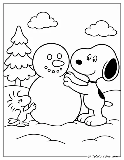 Snoopy Building a Snowman with Woodstock Coloring Page