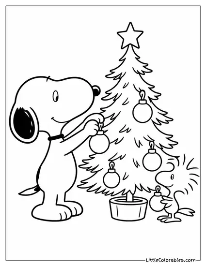 Snoopy Decorating a Tiny Christmas Tree with Woodstock Coloring Page