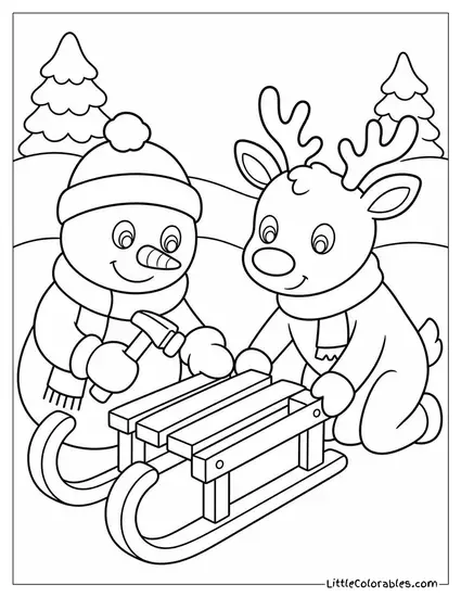 Snowman and Reindeer Building a Sled Together Coloring Page