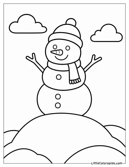 Snowman Built on Top of a Snowy Hill Coloring Page