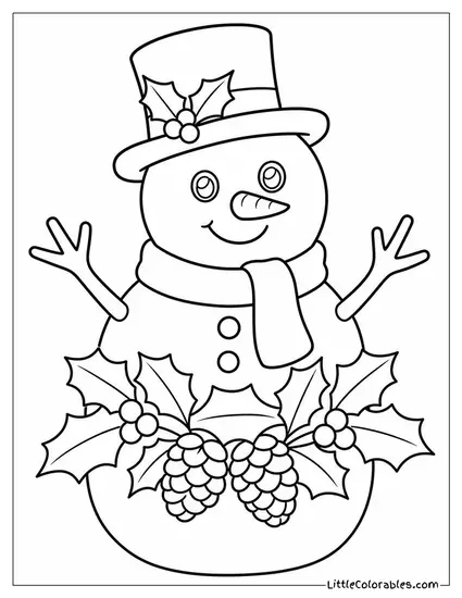 Snowman Decorated with Holly and Pinecones Coloring Page