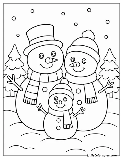 Snowman Family Standing Together in the Snow Coloring Page