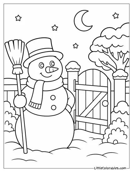 Snowman Guarding a Snowy Garden at Night Coloring Page