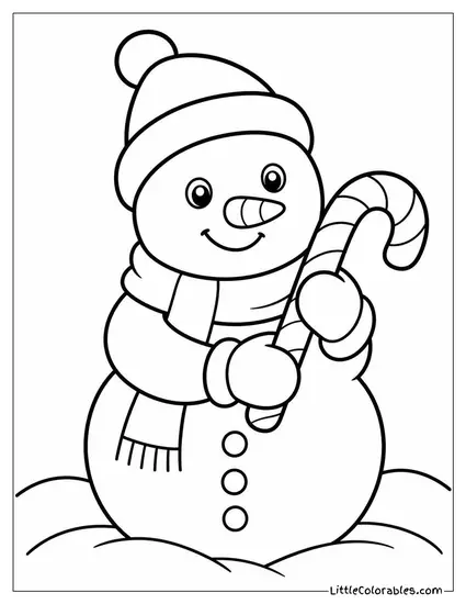 Snowman Holding a Candy Cane in Mittened Hands Coloring Page