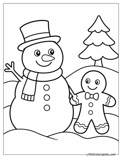 Snowman Holding a Gingerbread Man's Hand Coloring Page