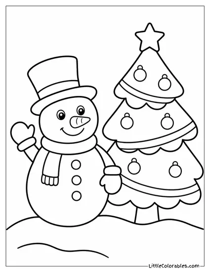 Snowman Standing Beside a Decorated Christmas Tree Coloring Page