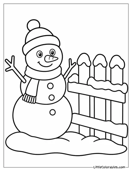 Snowman Standing Beside a Snow Covered Fence Coloring Page