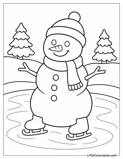 Snowman Standing on a Frozen Pond Coloring Page