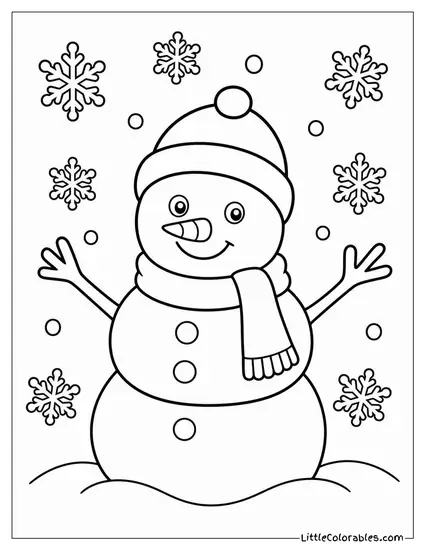 Snowman Surrounded by Falling Snowflakes Coloring Page