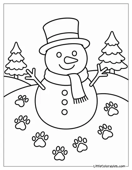 Snowman Surrounded by Paw Prints in the Snow Coloring Page