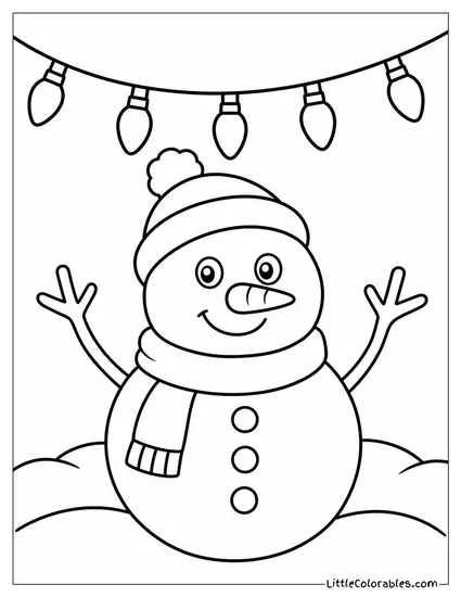 Snowman Under a String of Twinkling Lights Coloring Page