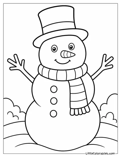 Snowman Wearing a Striped Scarf and Top Hat Coloring Page