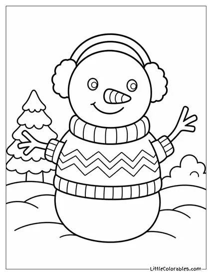 Snowman Wearing Earmuffs and a Knitted Sweater Coloring Page