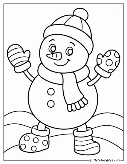 Snowman Wearing Mismatched Mittens and Boots Coloring Page