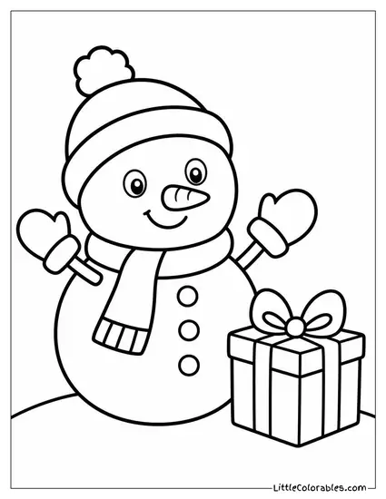 Snowman Wearing Mittens Beside a Wrapped Gift Coloring Page
