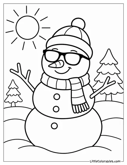 Snowman Wearing Sunglasses on a Sunny Winter Day Coloring Page