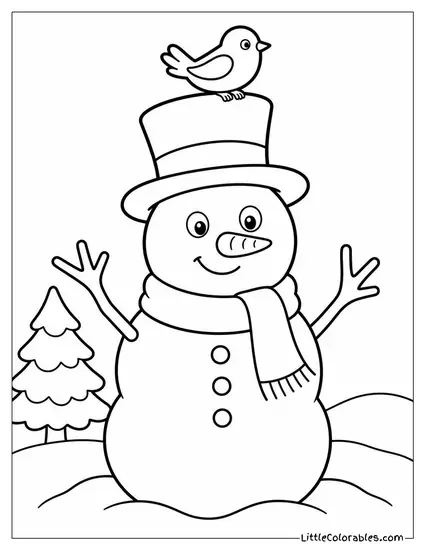 Snowman with a Bird Resting on His Hat Coloring Page