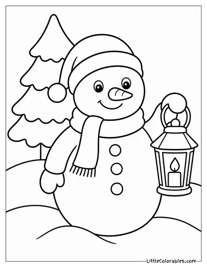 Snowman with a Lantern Glowing Beside Him Coloring Page