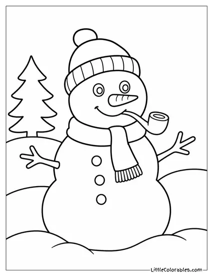 Snowman with a Pipe and Old Wool Hat Coloring Page