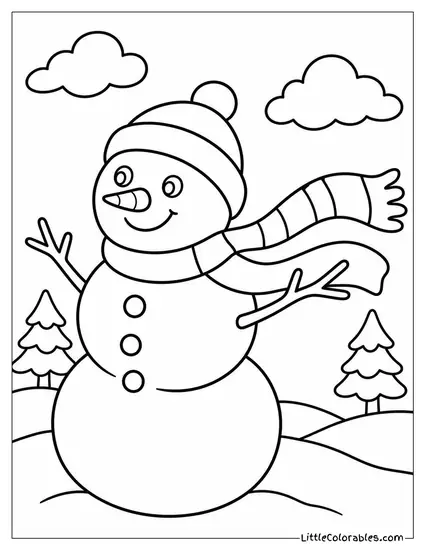Snowman with a Scarf Blowing in the Wind Coloring Page