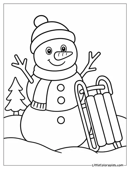 Snowman with a Sled Resting Against Him Coloring Page