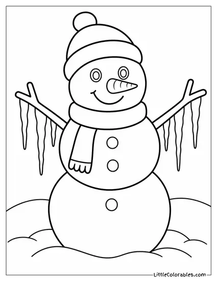 Snowman with Icicles Hanging from His Arms Coloring Page