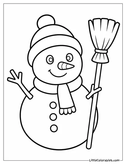 Snowman with Twig Arms Holding a Broom Coloring Page