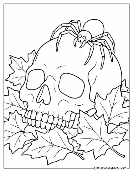 Spider Crawling Across a Skull Half Buried in Autumn Leaves Coloring Page