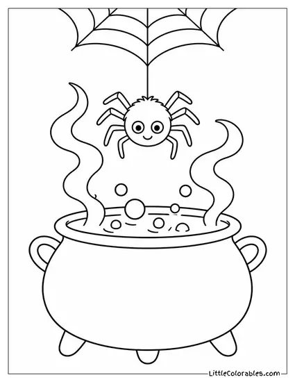 Spider Dangling from a Web Above a Cauldron Bubbling with Green Smoke Coloring Page