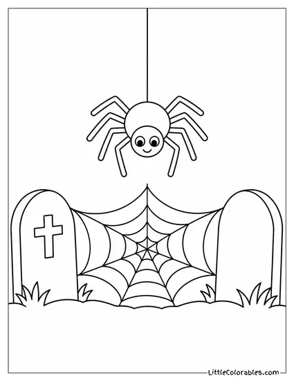 Spider Lowering Itself Onto a Web Strung Between Two Tombstones Coloring Page