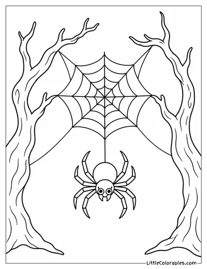 Spider Spinning a Web Between Two Gnarled Dead Tree Branches Coloring Page