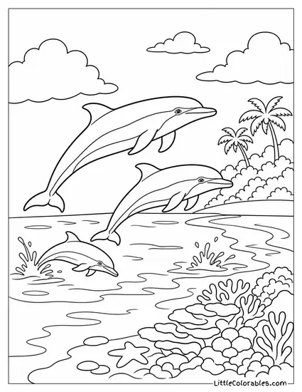 Spinner Dolphin Group Arriving at a Coral Atoll Coloring Page