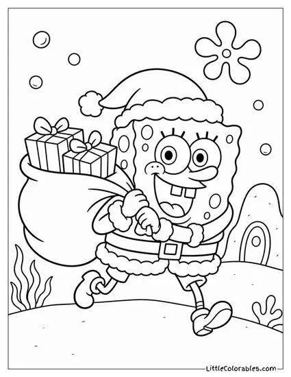 SpongeBob SquarePants Dressed as Santa Delivering Gifts Underwater Coloring Page