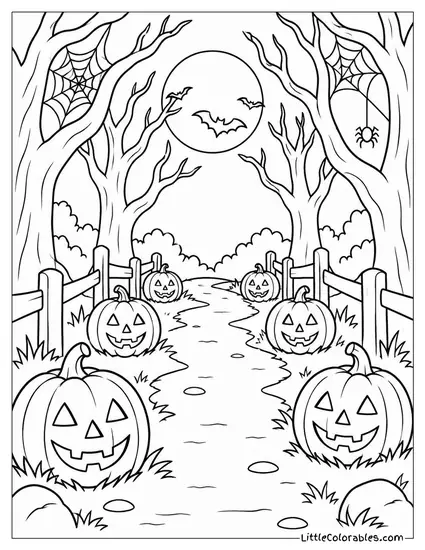 Spooky Forest Path Lined with Glowing Jack O Lanterns and Cobwebs Coloring Page