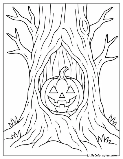 Spooky Tree Hollow Glowing Faintly with a Jack O Lantern Tucked Inside Coloring Page