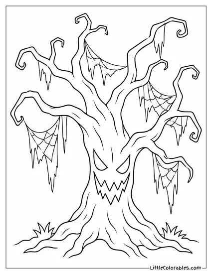 Spooky Tree with Twisted Branches Dripping in Tattered Cobwebs Coloring Page
