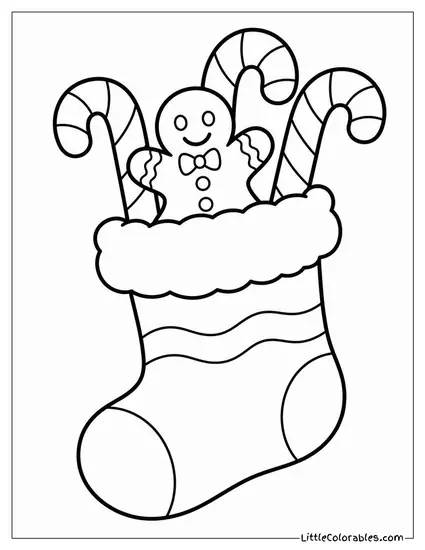 Stocking Filled with Candy Canes and Gingerbread Coloring Page