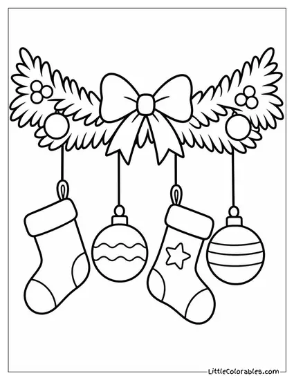 Stockings and Ornaments Hanging from a Garland Coloring Page