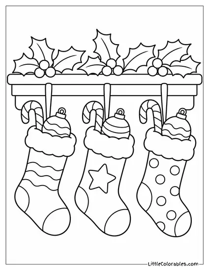 Stockings Hung with Ornaments and Candy Canes Coloring Page