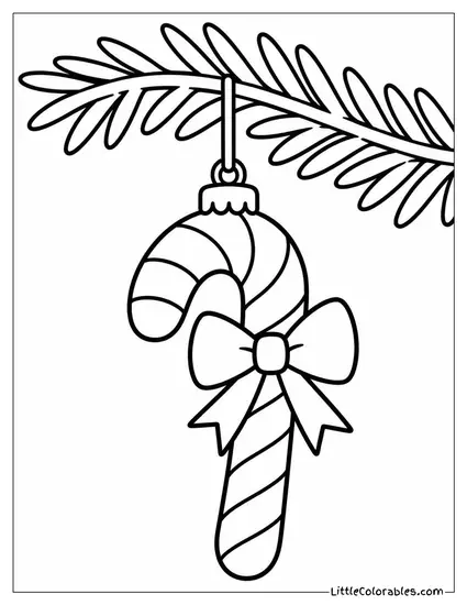 Striped Candy Cane Ornament Hanging from a Branch Coloring Page