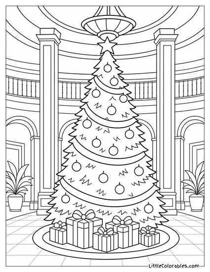 Tall Christmas Tree in a Grand Hotel Lobby Coloring Page
