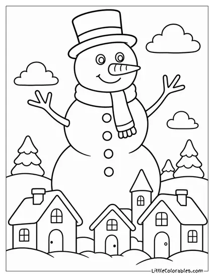 Tall Snowman Towering Over a Small Village Coloring Page