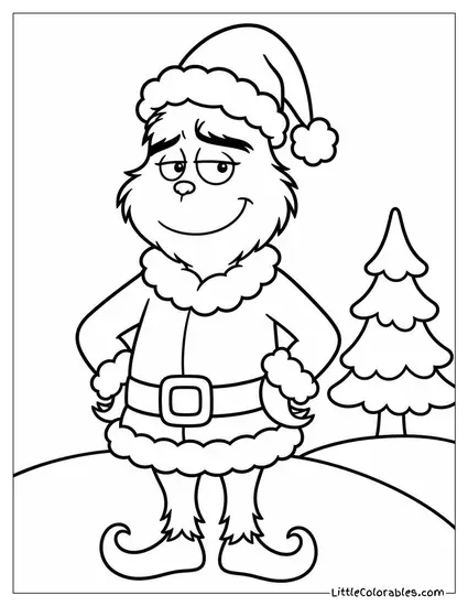 The Grinch Reluctantly Dressed as Santa with a Tiny Smile Coloring Page