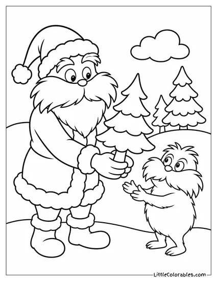 The Lorax Dressed as Santa Handing Out Trees Instead of Gifts Coloring Page