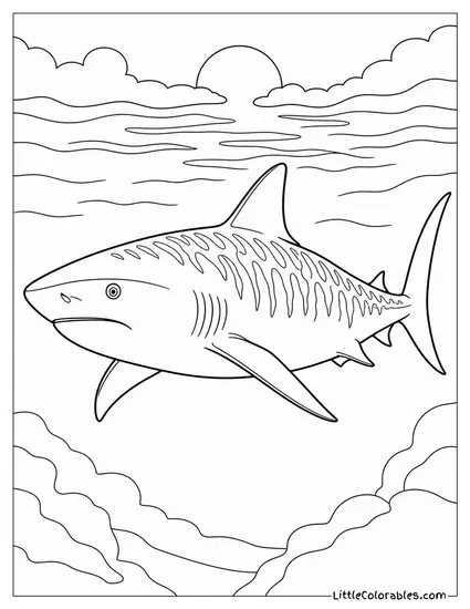 Tiger Shark Moving Through Cloudy Water at Dusk Coloring Page