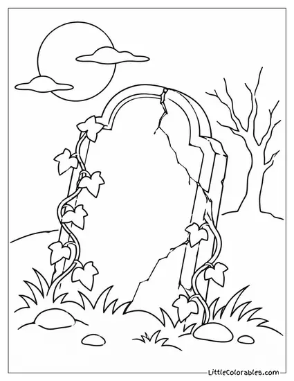 Tombstone Cracked and Leaning with Vines Creeping Up Its Sides Coloring Page