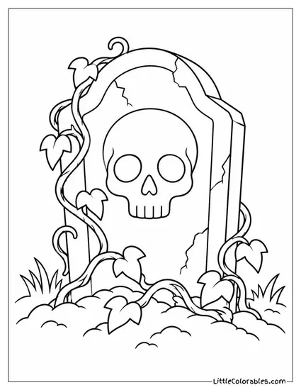 Tombstone Etched with a Skull Design Half Buried in Dead Vines Coloring Page