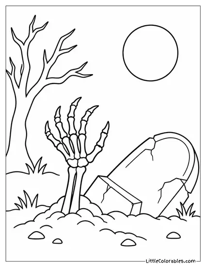 Tombstone Toppled Sideways with a Skeletal Hand Reaching Upward Coloring Page