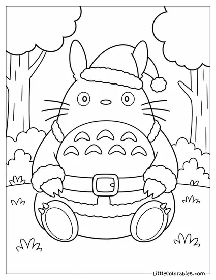 Totoro Dressed as Santa Sitting in a Giant Forest Clearing Coloring Page